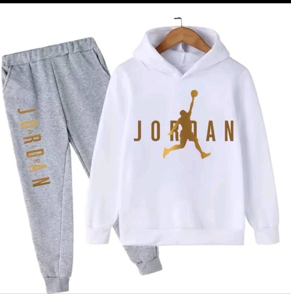 Jordan White Hoodie and Gray Sweatpants Set with Gold Accents